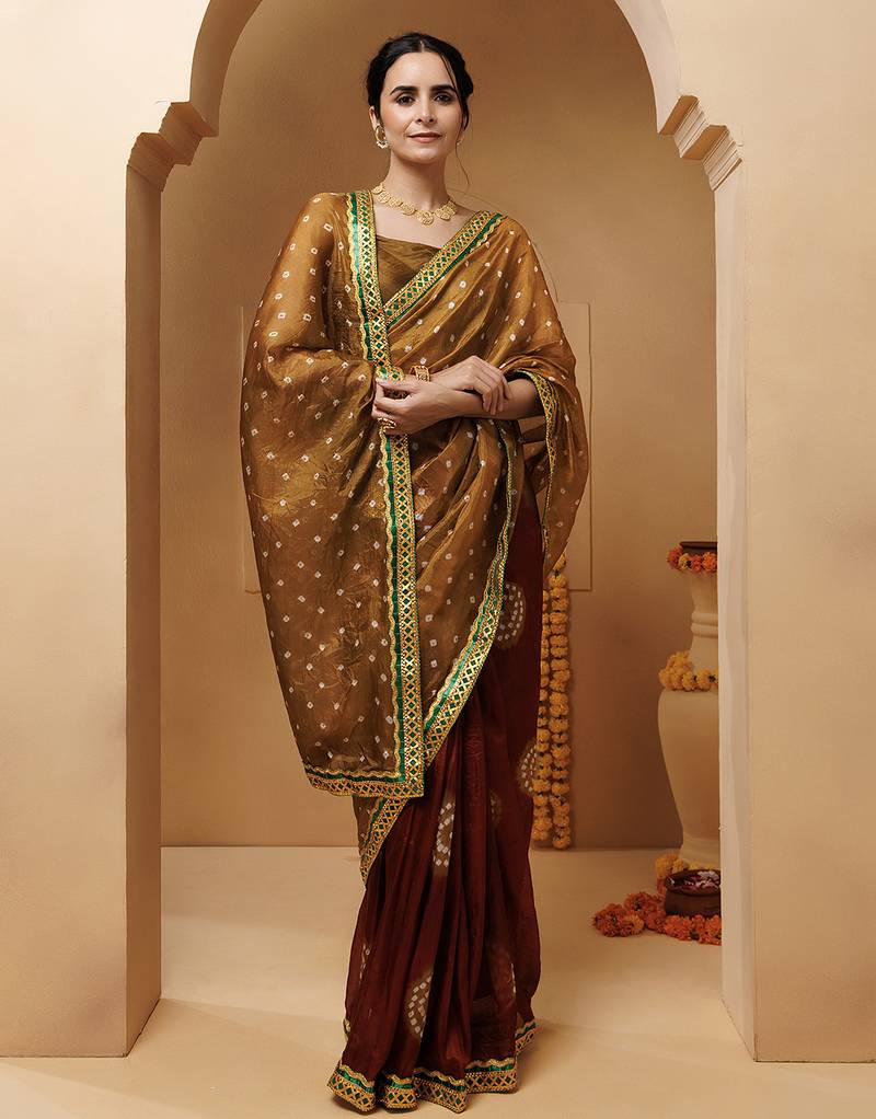 brown-maroon hnadcrafted bandhani pre-stitched silk saree