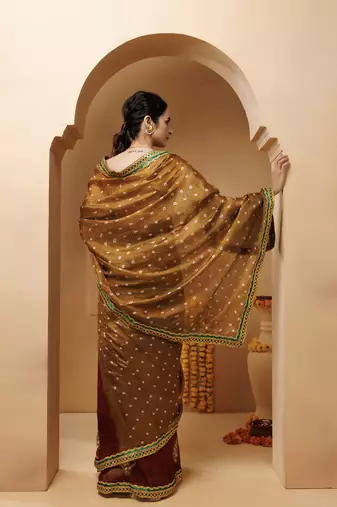 brown-maroon hnadcrafted bandhani pre-stitched silk saree
