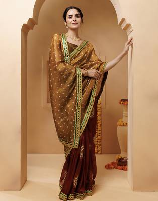 brown-maroon hnadcrafted bandhani pre-stitched silk saree 3