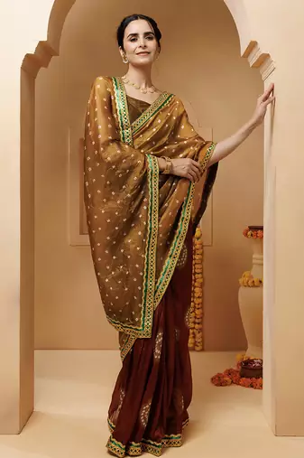 brown-maroon hnadcrafted bandhani pre-stitched silk saree