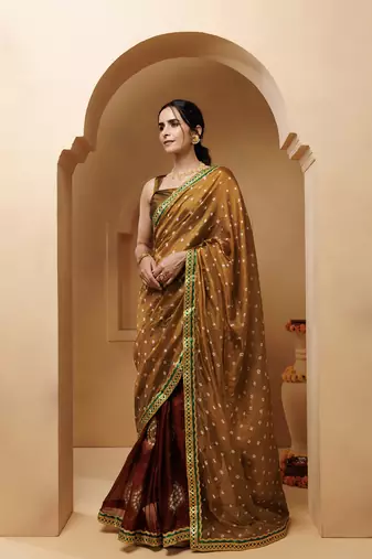 brown-maroon hnadcrafted bandhani pre-stitched silk saree