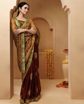 brown-maroon hnadcrafted bandhani pre-stitched silk saree 5