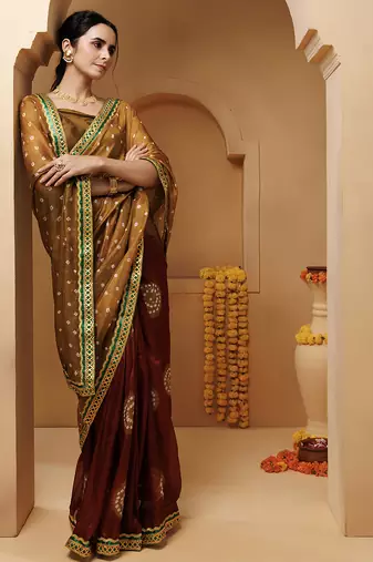 brown-maroon hnadcrafted bandhani pre-stitched silk saree