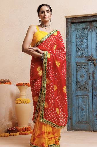 red-yellow handcrafted bandhani pre-stitched silk saree