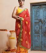 red-yellow handcrafted bandhani pre-stitched silk saree