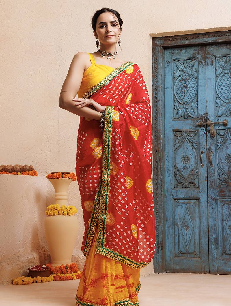 red-yellow handcrafted bandhani pre-stitched silk saree