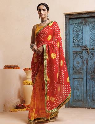 red-yellow handcrafted bandhani pre-stitched silk saree 2