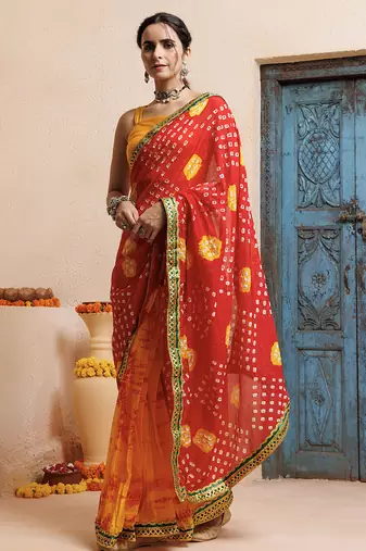 red-yellow handcrafted bandhani pre-stitched silk saree