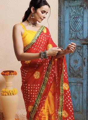 red-yellow handcrafted bandhani pre-stitched silk saree 3