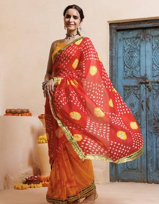red-yellow handcrafted bandhani pre-stitched silk saree 4