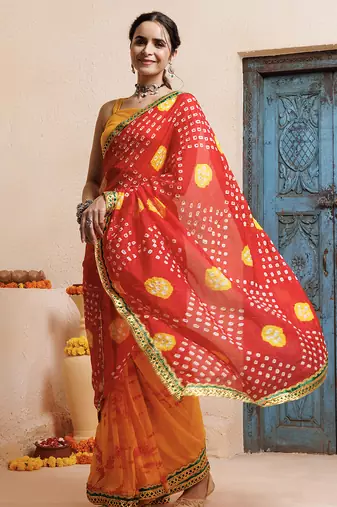 red-yellow handcrafted bandhani pre-stitched silk saree
