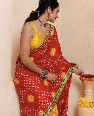 red-yellow handcrafted bandhani pre-stitched silk saree 5