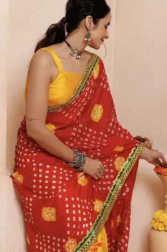 red-yellow handcrafted bandhani pre-stitched silk saree