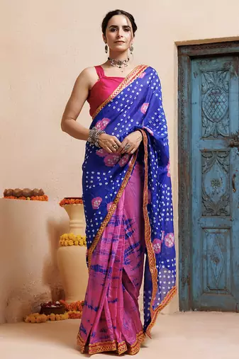 pink-blue handcrafted bandhani pre-stitched silk saree