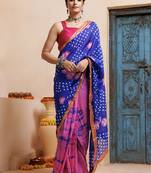 pink-blue handcrafted bandhani pre-stitched silk saree