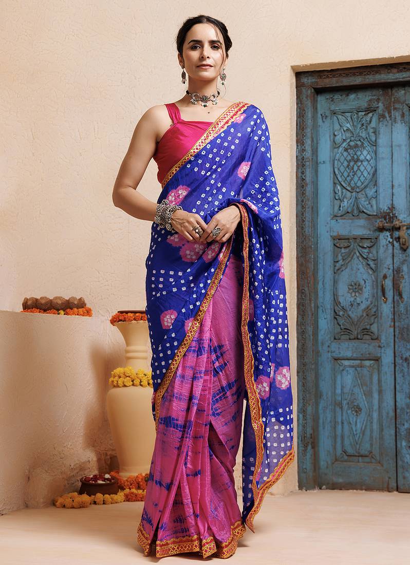 pink-blue handcrafted bandhani pre-stitched silk saree