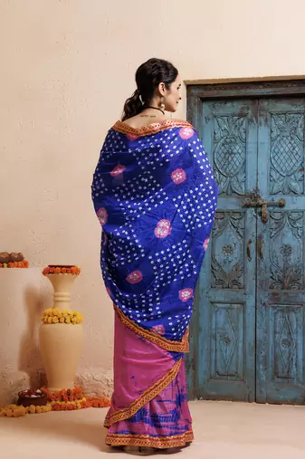 pink-blue handcrafted bandhani pre-stitched silk saree