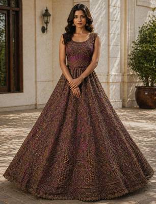 Wine Color Fancy Chapat Zari With Multi Thread Embroidery,Dori-Sequince And Zircon Diamond Work Bridal Net Lehanga Choli 2