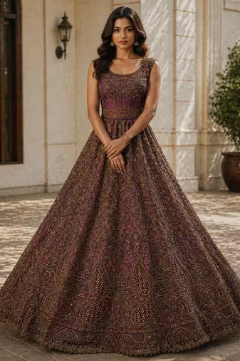 Wine Color Fancy Chapat Zari With Multi Thread Embroidery,Dori-Sequince And Zircon Diamond Work Bridal Net Lehanga Choli