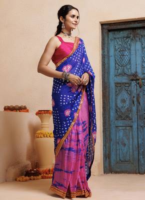 pink-blue handcrafted bandhani pre-stitched silk saree 3