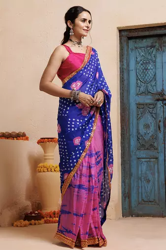 pink-blue handcrafted bandhani pre-stitched silk saree