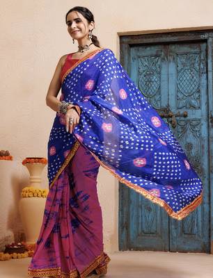 pink-blue handcrafted bandhani pre-stitched silk saree 4