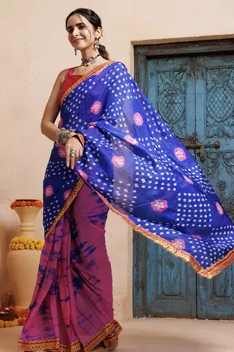 pink-blue handcrafted bandhani pre-stitched silk saree