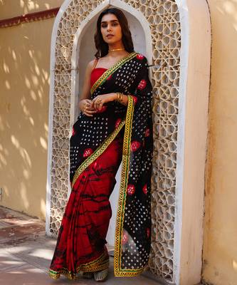 red-black handcrafted bandhani pre-stitched silk saree 1