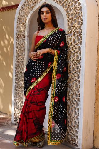 red-black handcrafted bandhani pre-stitched silk saree
