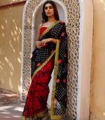 red-black handcrafted bandhani pre-stitched silk saree