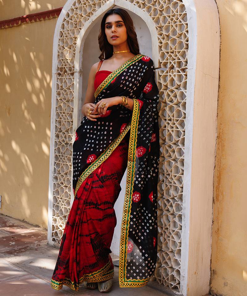 red-black handcrafted bandhani pre-stitched silk saree