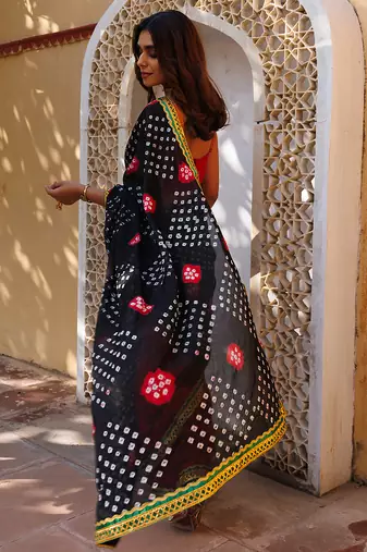 red-black handcrafted bandhani pre-stitched silk saree