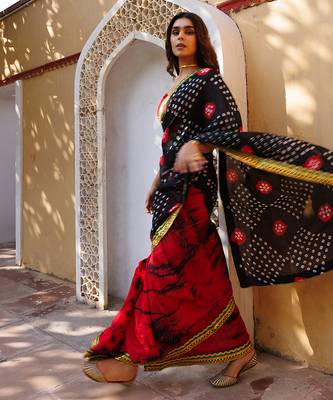 red-black handcrafted bandhani pre-stitched silk saree 3