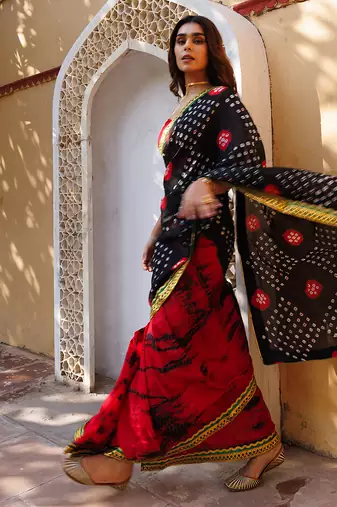 red-black handcrafted bandhani pre-stitched silk saree