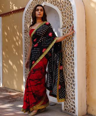 red-black handcrafted bandhani pre-stitched silk saree 4