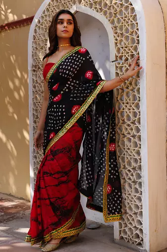 red-black handcrafted bandhani pre-stitched silk saree