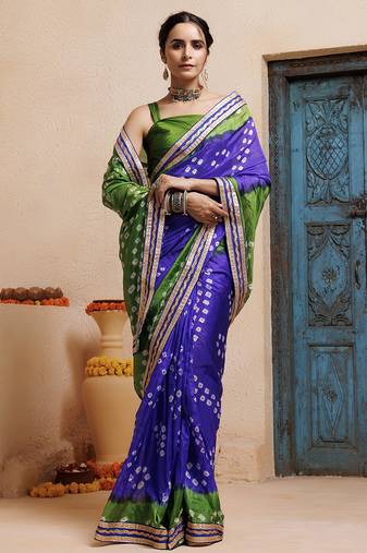 blue-green handcrafted bandhani pre-stitched silk saree