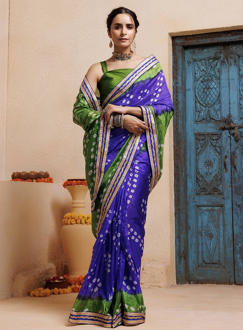 blue-green handcrafted bandhani pre-stitched silk saree