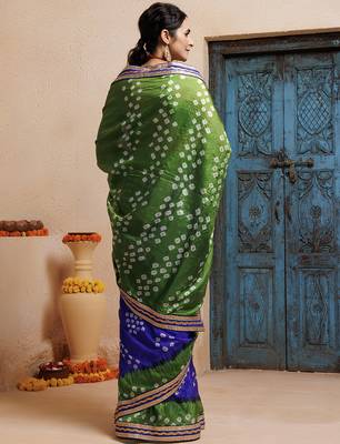 blue-green handcrafted bandhani pre-stitched silk saree 2