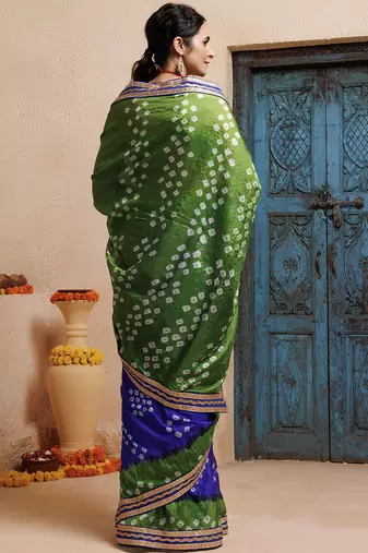 blue-green handcrafted bandhani pre-stitched silk saree
