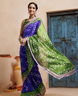 blue-green handcrafted bandhani pre-stitched silk saree 3