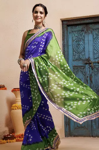 blue-green handcrafted bandhani pre-stitched silk saree