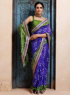 blue-green handcrafted bandhani pre-stitched silk saree 4