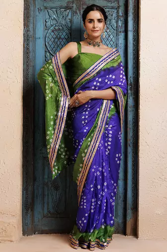 blue-green handcrafted bandhani pre-stitched silk saree