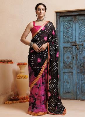pink-black handcrafted bandhani pre-stitched silk saree 1