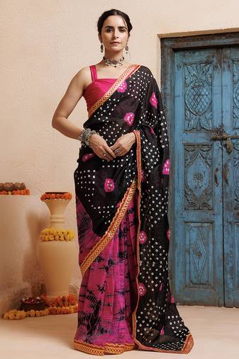 pink-black handcrafted bandhani pre-stitched silk saree