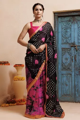 pink-black handcrafted bandhani pre-stitched silk saree