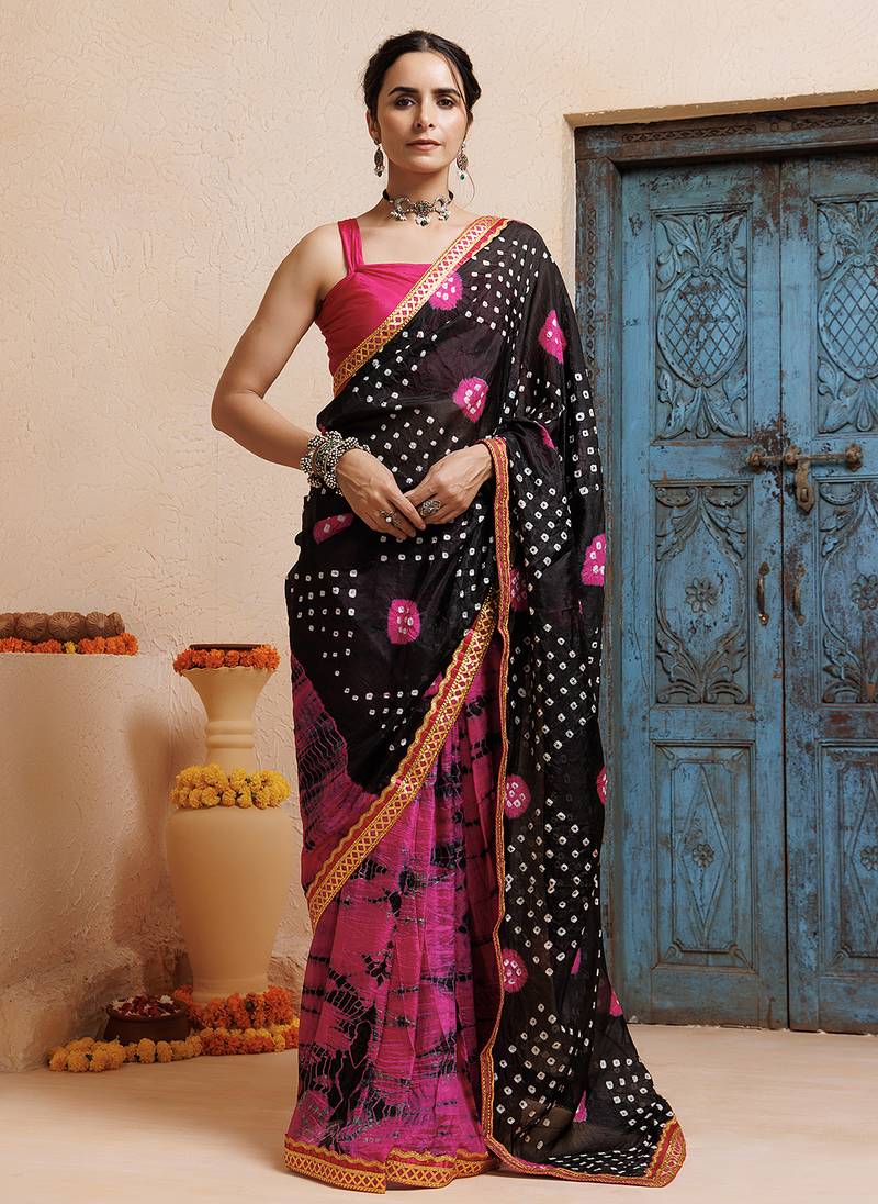 pink-black handcrafted bandhani pre-stitched silk saree