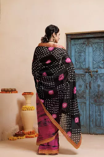 pink-black handcrafted bandhani pre-stitched silk saree