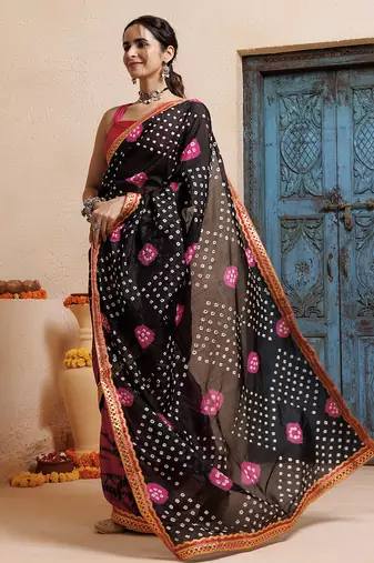 pink-black handcrafted bandhani pre-stitched silk saree